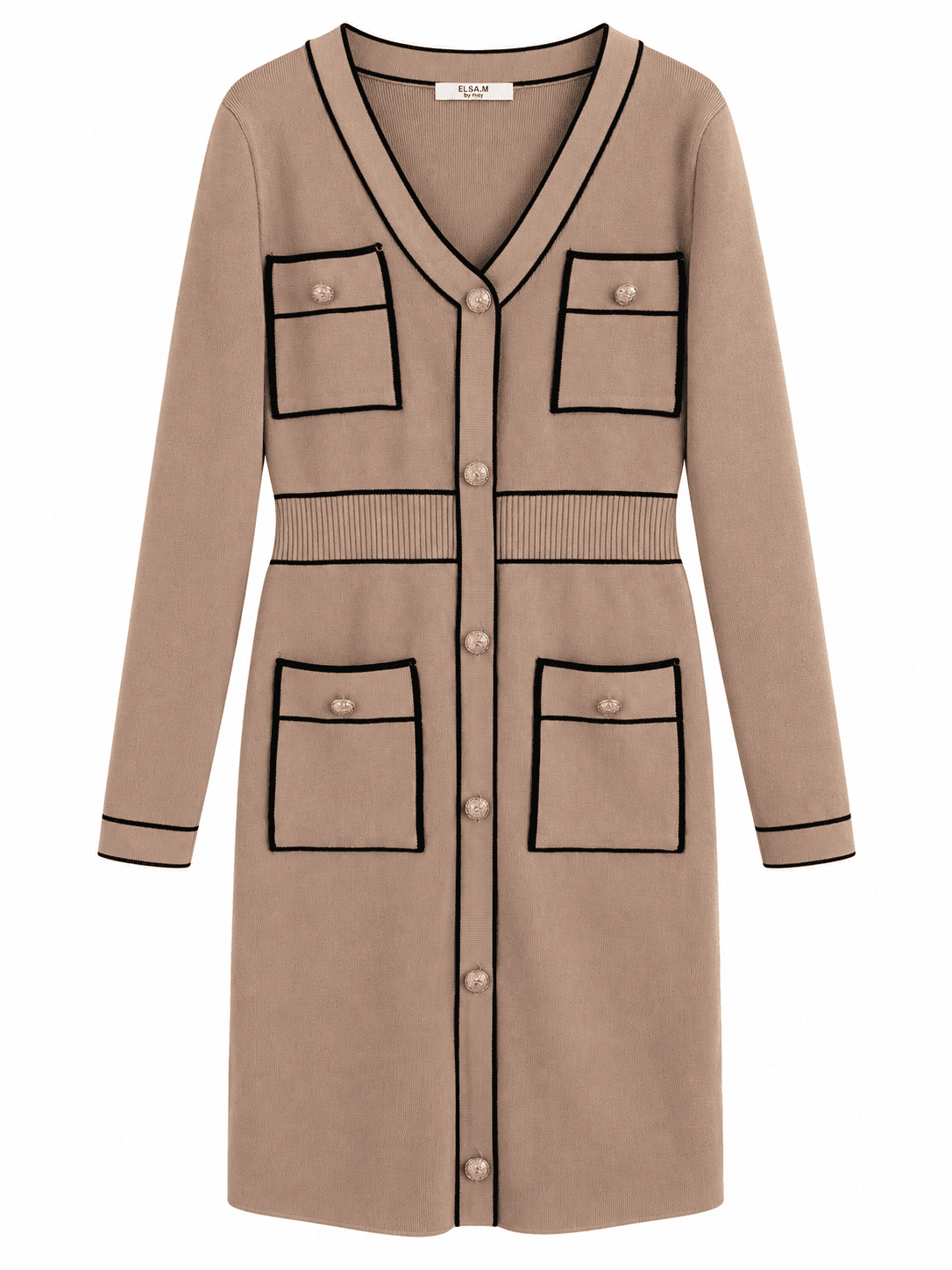 Elsa M. By May Getailleerde Zachte Jurk met Knopen in Beige