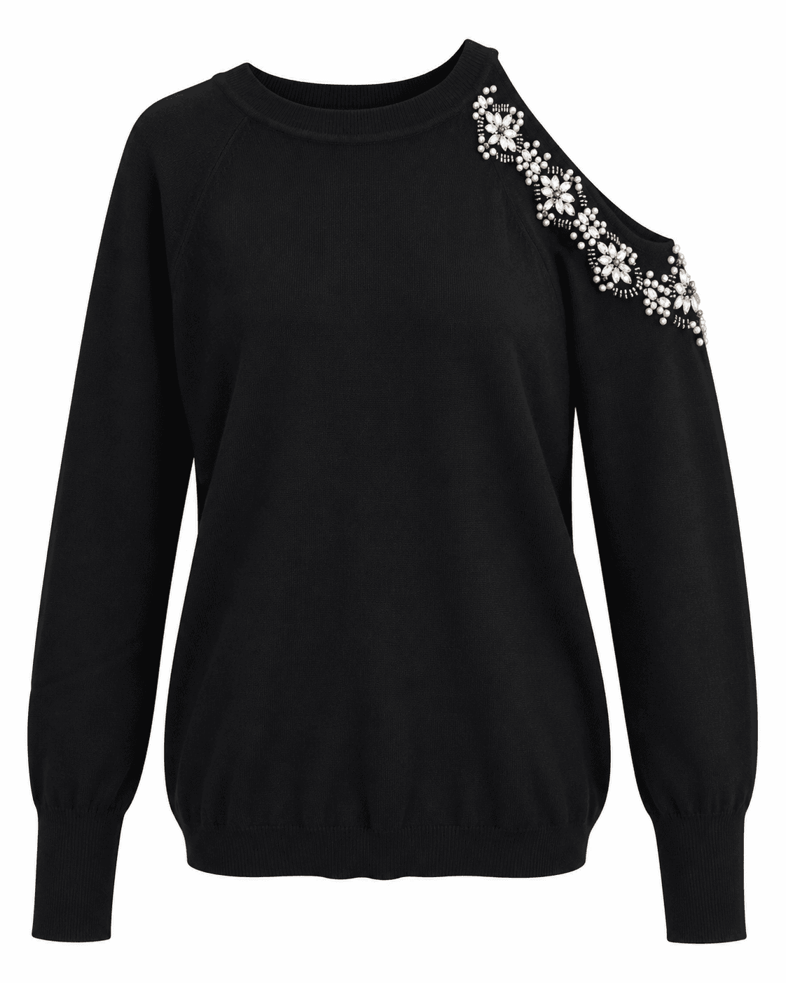 Vintage Dressing Trui met Open Schouder en Sierstenen in Zwart