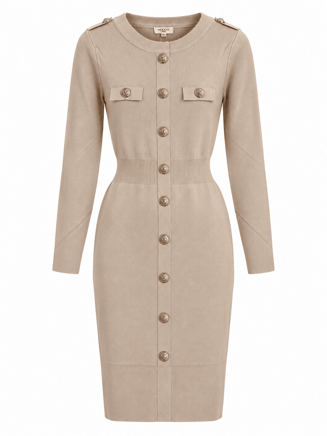 MOOCCI Paris Getailleerde Jurk met Gouden Knopen in Beige